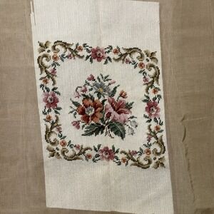 Vintage Needlepoint Tapestry Panel Floral‎ Roses Framed Border Shabby Cottage